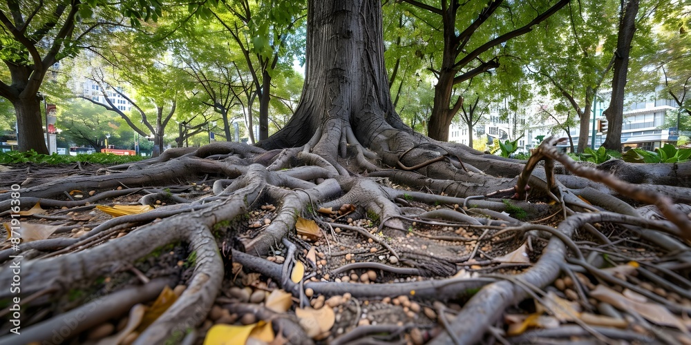 Massive tree roots provide natural irrigation for city orchards and gardens. Concept Nature, Urban Agriculture, Tree Roots, Sustainability, Food Security Massive tree roots provide natural irrigation for city orchards and gardens. Concept Nature, Urban Agriculture, Tree Roots, Sustainability, Food Security