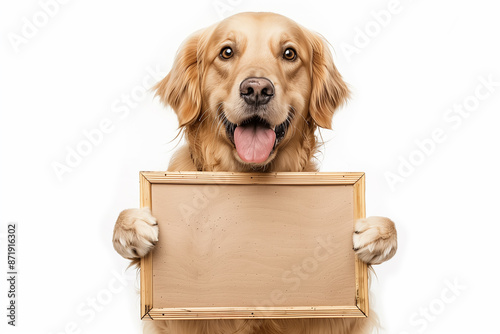 Golden Retriever dog holding blank signboard on white background, ideal for customizable signage or pet-related themes