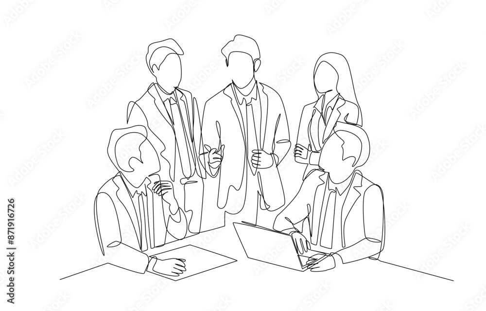 Continuous one line drawing of businessman standing to show opinion about project for his team, business meeting, brainstorming concept, single line art.
Continuous one line drawing of businessman standing to show opinion about project for his team, business meeting, brainstorming concept, single line art.