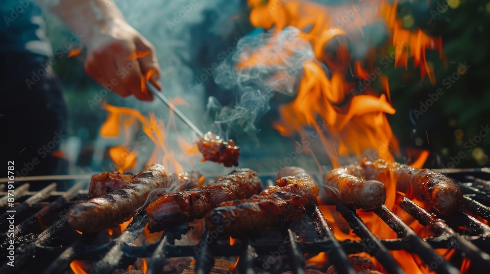 The barbecue, grill, sausage, or bbq dinner is a traditional American culture to celebrate Independence Day. Flames, food, smoke, and a time with friends to bond. The barbecue, grill, sausage, or bbq dinner is a traditional American culture to celebrate Independence Day. Flames, food, smoke, and a time with friends to bond.