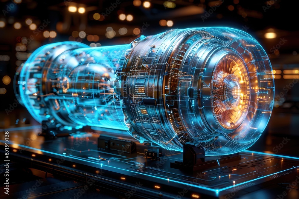 Futuristic, transparent engine with glowing blue lights, representing advanced technology and machinery in a modern setting. Futuristic, transparent engine with glowing blue lights, representing advanced technology and machinery in a modern setting.