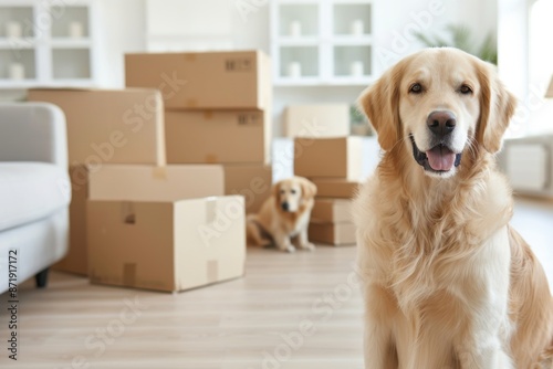 Golden Retrievers in New Home with Moving Boxes © Arpatsara