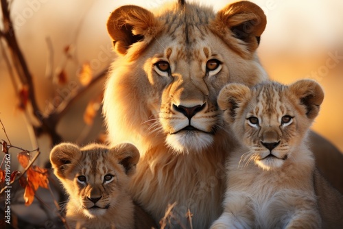 Minimalist tenderness the essence of the lion family in soft tones and simple fo, generative IA