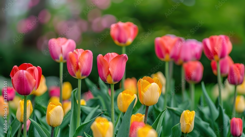 Vibrant Tulip Garden Setting with Artistic Blurred Background for Copy Space Vibrant Tulip Garden Setting with Artistic Blurred Background for Copy Space