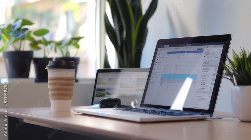 Modern Workspace with Laptop and Coffee Cup Modern Workspace with Laptop and Coffee Cup