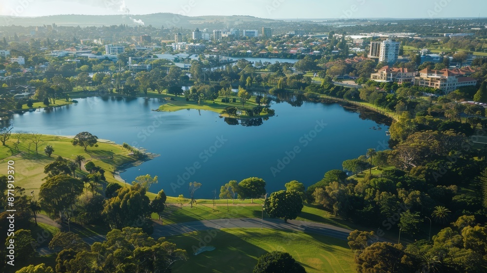 View of Central Park Joondalup from the air revealing city buildings and a lake in the distance View of Central Park Joondalup from the air revealing city buildings and a lake in the distance