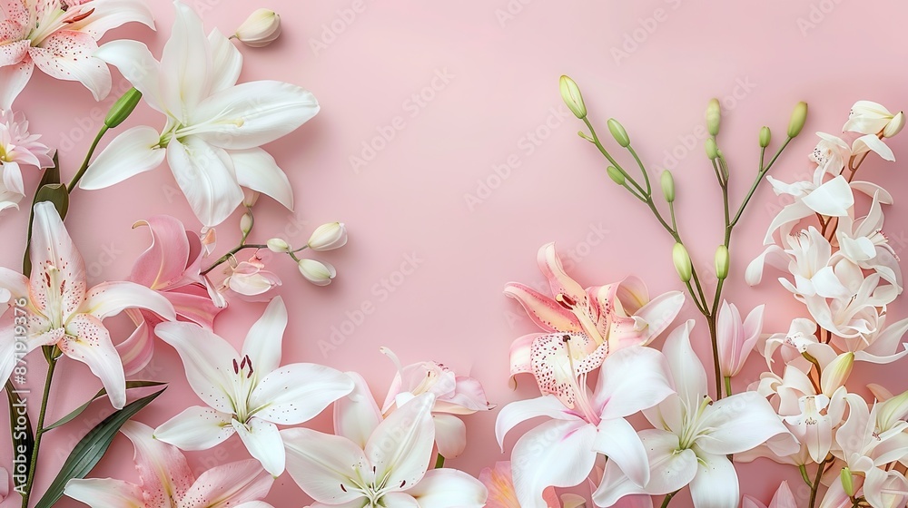 Delicate Lilies and Orchids on Soft Pastel Background with Copy Space for Text Delicate Lilies and Orchids on Soft Pastel Background with Copy Space for Text