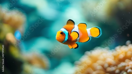Clownfish in coral reef. A vibrant clownfish swims among colorful coral, showcasing the beauty of marine life and underwater ecosystems. © Lull