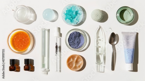 Many types of cosmetics with various textures and shades. All of this is neatly presented on a white backdrop.