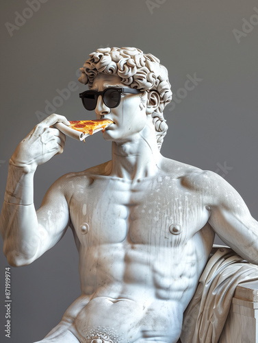 Ancient greek statue eating pizza and wearing sunglasses on dark gray background