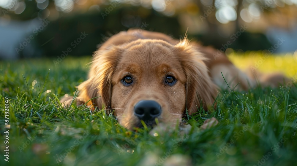 Obraz premium The wide view of a Golden Retriever puppy in the grass