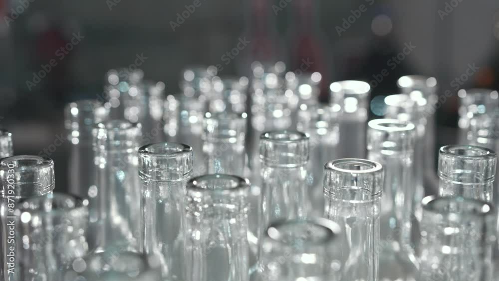 Many empty glass transparent clean sterile bottles in the factory for filling alcoholic or non-alcoholic beverages. One of the stages of wine production Many empty glass transparent clean sterile bottles in the factory for filling alcoholic or non-alcoholic beverages. One of the stages of wine production