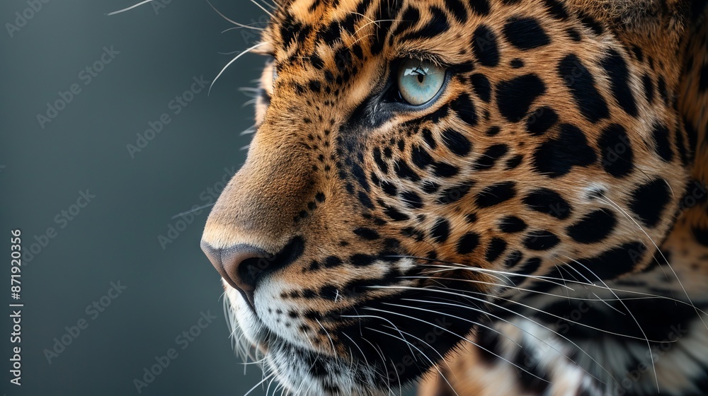 Obraz premium Intense gaze of a jaguar. Close-up profile portrait of a jaguar with piercing blue eyes, showcasing its beautiful spotted fur and intense stare.