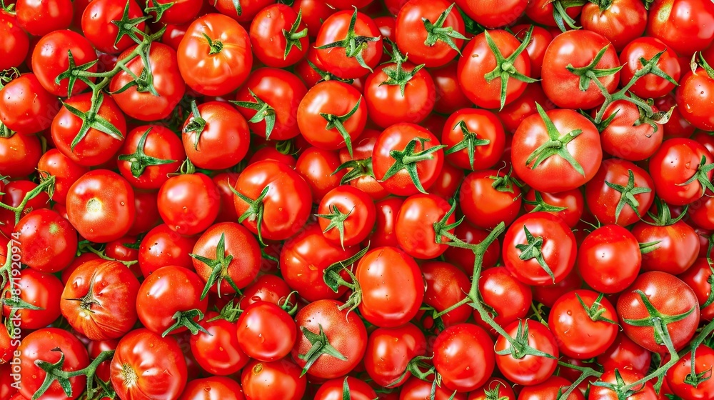 A close-up shot of a pile of ripe red tomatoes, each one with a green stem, in a market setting A close-up shot of a pile of ripe red tomatoes, each one with a green stem, in a market setting