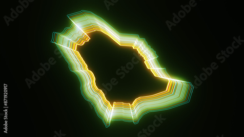 Abstract Geometric Green Colorful Glowing Shiny 3D Contour Lines of Saudi Arabia Map