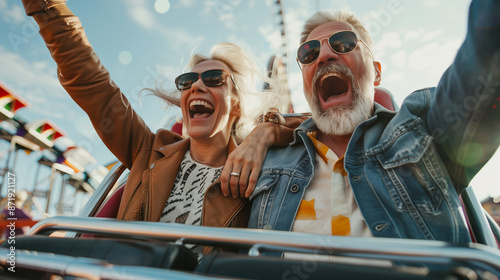 Middle age couple people riding a roller coaster and having fun at bright summer day wearing sunglasses