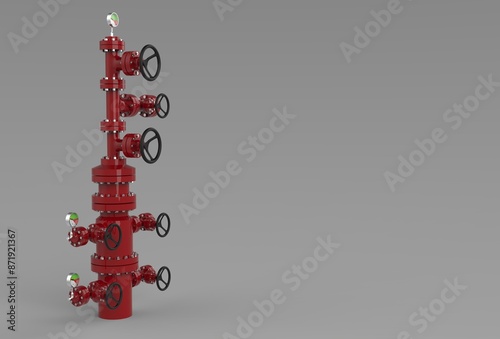 Oil well head red color view with valve system and pressure gauge illustration