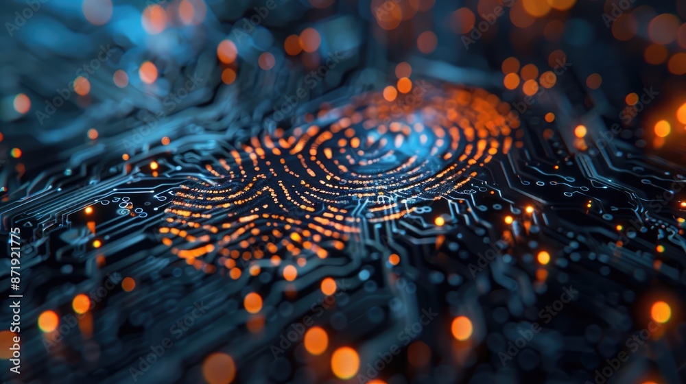 futuristic digital processing of biometric fingerprint scanner. concept of surveillance and security scanning of digital programs and fingerprint biometrics