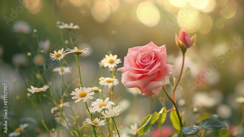 Tranquil Meadow Harmony - Roses and Daisies with Soft Bokeh for Text Space © Wp Background