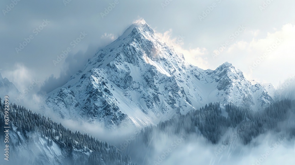 Obraz premium Majestic Mountain Landscapes and Snowy Peaks, Winter Wonderland: Stunning Views of Snow-Covered Peaks.