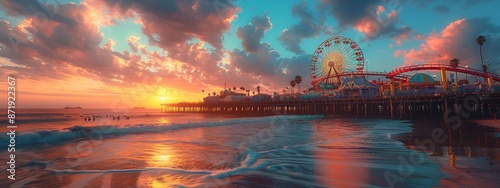 Santa Monica Pier with Ferris wheel and beach. sunset pink sky, bright colors of attractions