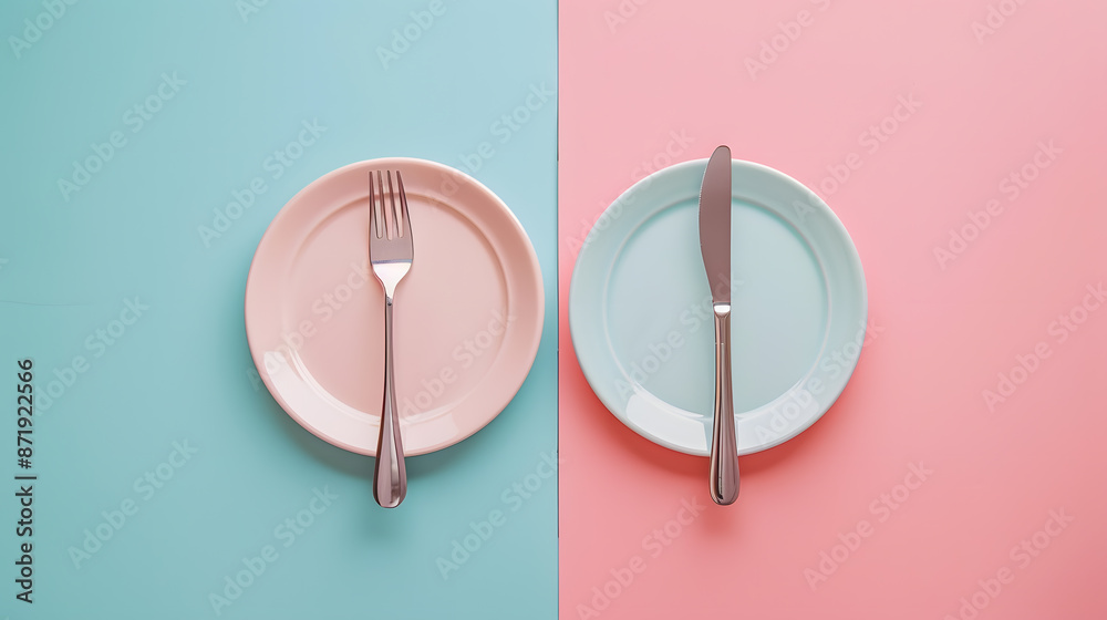 Cutlery, fork, knife, spoon and empty plate on a colored background. AI Generated Cutlery, fork, knife, spoon and empty plate on a colored background. AI Generated