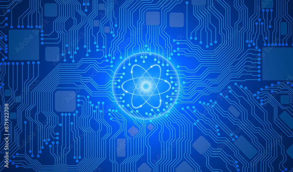 Obraz premium Semiconductor circuit board high tech illustration (8) atomic nucleus symbol