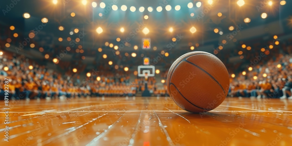 Basketball on the Court with Stadium Crowd