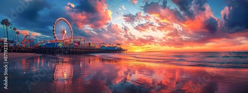 Santa Monica Pier with Ferris wheel and beach. sunset pink sky, bright colors of attractions photo