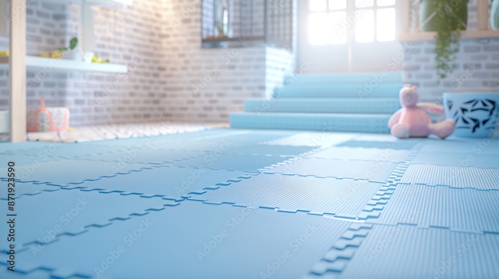 Obraz premium Pastel blue rubber mats in a basement, offering a soft and serene environment for a childrena??s play area