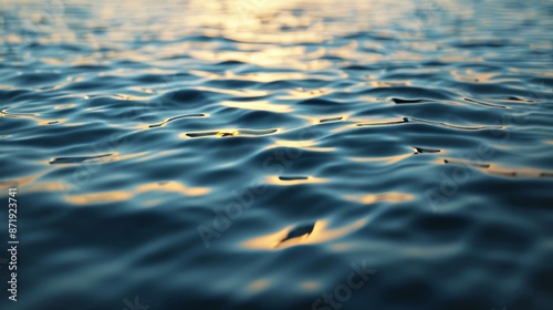 Tranquil blue water ripples at sunset. Serene image of calming blue water ripples with a warm sunset reflecting off the surface, perfect for nature and relaxation themes. © Lull