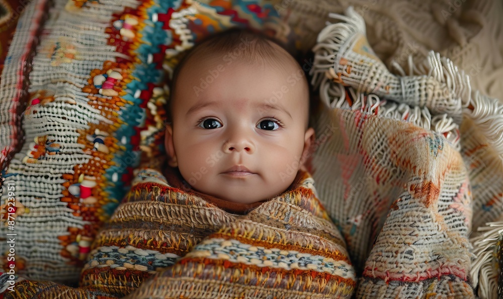 baby wrapped in intricate patterned blanket, big eyes, soft features, surrounded by vibrant folk art patterns, warm earthy tones backdrop, cozy atmosphere, focus on face from above baby wrapped in intricate patterned blanket, big eyes, soft features, surrounded by vibrant folk art patterns, warm earthy tones backdrop, cozy atmosphere, focus on face from above