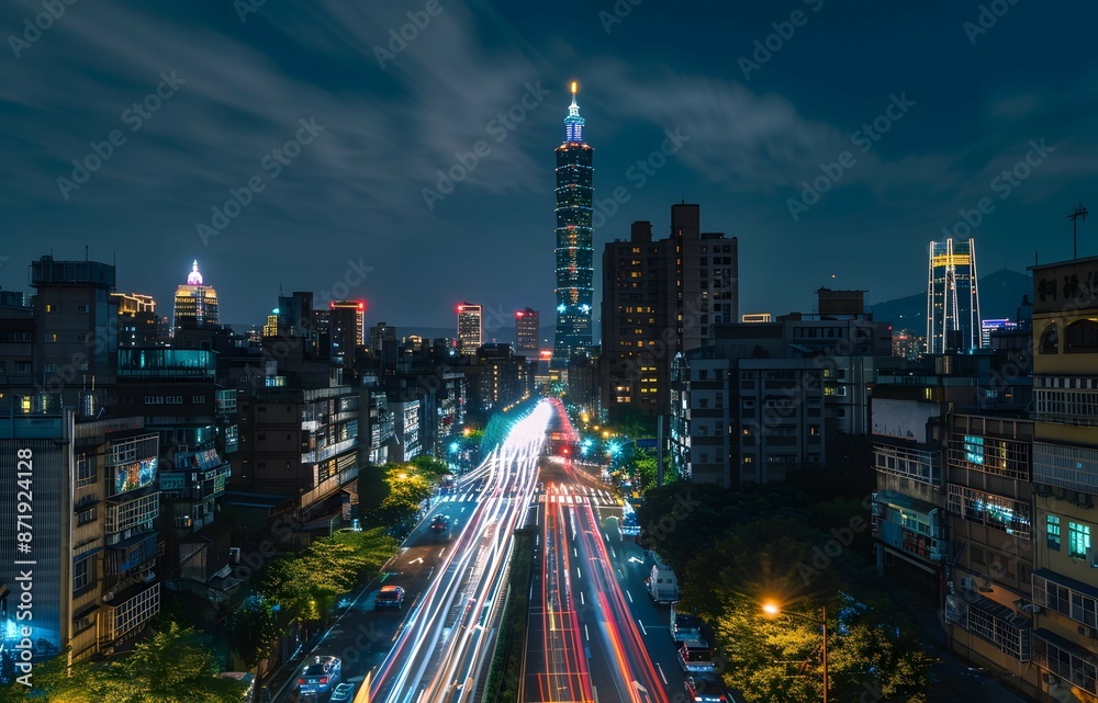 Obraz premium A city at night with long exposure of traffic