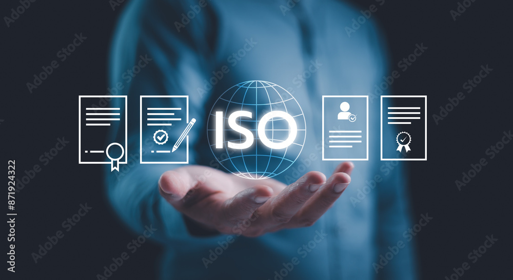 ISO standards quality control, assurance and warranty business technology concept. Quality management improvement. Standardization, certification concept. Compliance to regulations and standards.