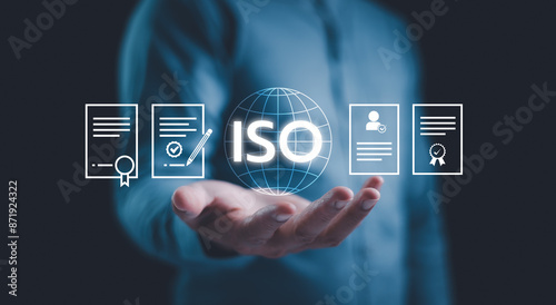 ISO standards quality control, assurance and warranty business technology concept. Quality management improvement. Standardization, certification concept. Compliance to regulations and standards.