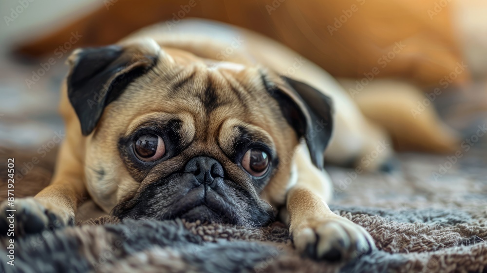 Sad pug lying on blanket. Adorable pug with sad eyes lying on a soft blanket, longing for attention. Perfect for pet, animal, and lifestyle themes. Sad pug lying on blanket. Adorable pug with sad eyes lying on a soft blanket, longing for attention. Perfect for pet, animal, and lifestyle themes.