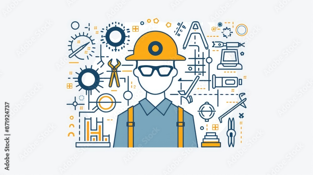 Modern illustration of a working engineer dressed in work clothes surrounded by work tools. Modern illustration of a working engineer dressed in work clothes surrounded by work tools.