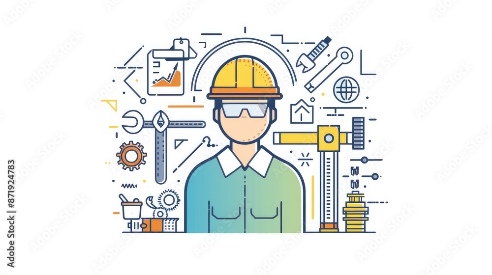 Modern illustration of a working engineer dressed in work clothes surrounded by work tools. Modern illustration of a working engineer dressed in work clothes surrounded by work tools.