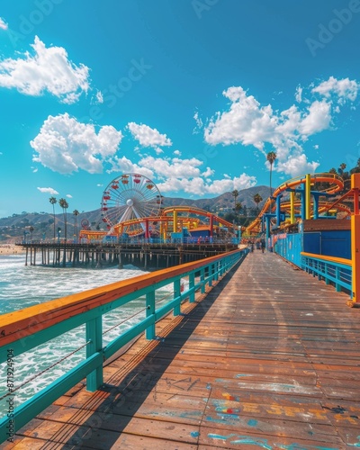 Santa Monica Pier with Ferris wheel and beach. blue sky, bright colors of attractions photo