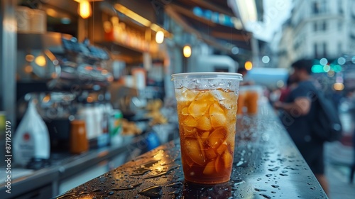 Cup of fresh caramel iced coffee, latte, macchiato on food truck counter top. Barista, bistro, outdoor. Room for copy space. 