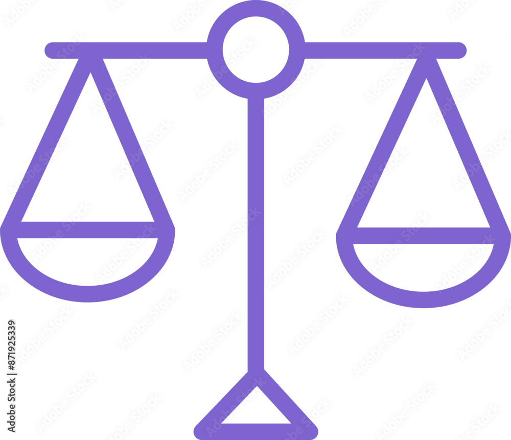 A purple scale icon with two equal weights on each side. The scale is a symbol of justice and balance A purple scale icon with two equal weights on each side. The scale is a symbol of justice and balance