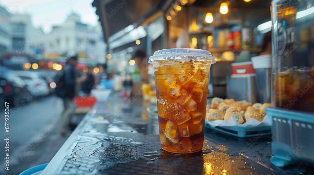 Cup of fresh caramel iced coffee, latte, macchiato on food truck counter top. Barista, bistro, outdoor. Room for copy space.	