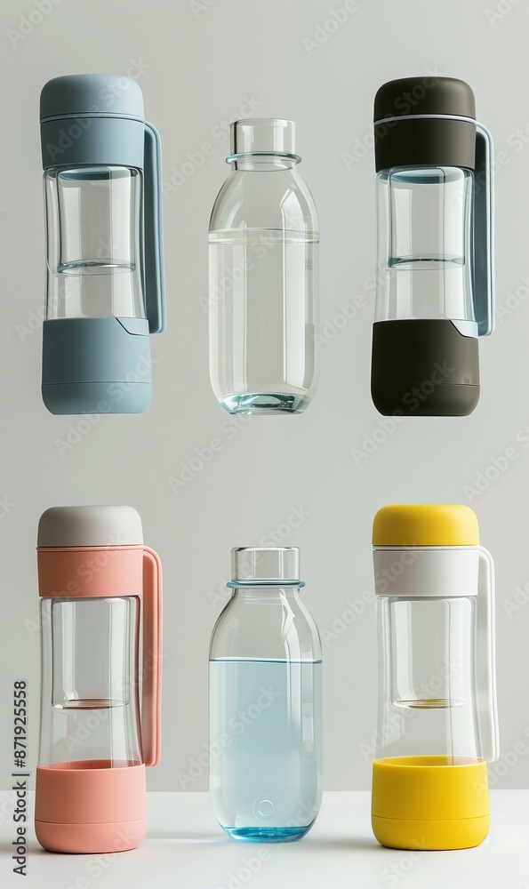 set of water bottles in various colors and shapes, featuring sleek designs, metal accents, cup strap hooks, innovative mouthpieces, and clear glaze texture, pastel tones with studio lighting set of water bottles in various colors and shapes, featuring sleek designs, metal accents, cup strap hooks, innovative mouthpieces, and clear glaze texture, pastel tones with studio lighting