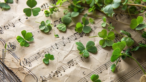 Celtic Harmony: Traditional Irish Music Sheet with Green Notes and Shamrock Embellishments