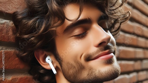 a man wearing comfortable white airpods and listening to music photo