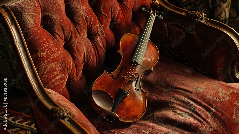 Obraz premium Serene Elegance - Close-up of Traditional Irish Fiddle on Velvet Cushion