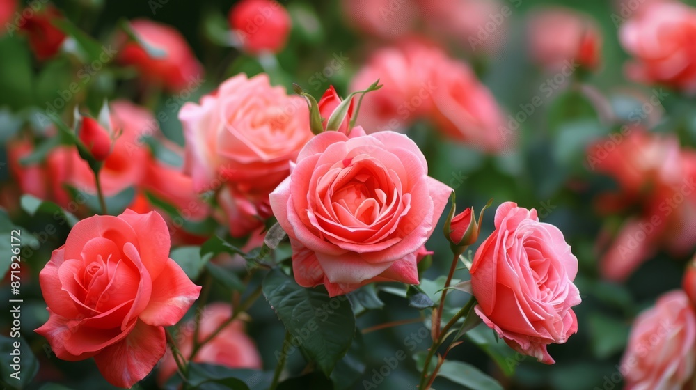 Pink roses in bloom. Closeup of a cluster of pink roses in full bloom, surrounded by lush green foliage. Pink roses in bloom. Closeup of a cluster of pink roses in full bloom, surrounded by lush green foliage.
