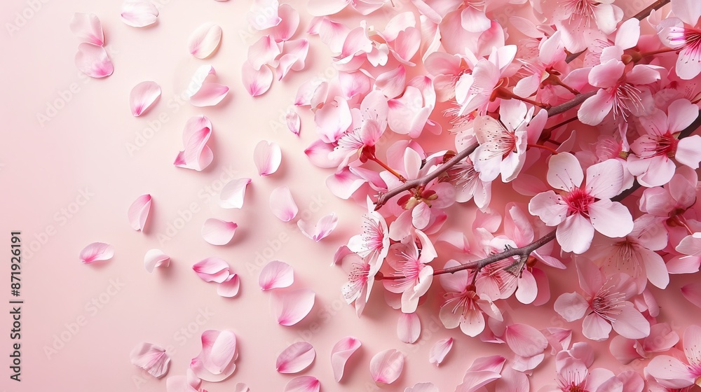 Fototapeta premium Pink cherry blossoms and petals on pink background. Beautiful pink cherry blossoms and petals scattered on a soft pink background. Perfect for spring, nature, and floral designs.