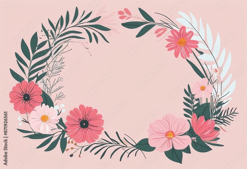 Obraz premium Colorful Pink Flowers and Grasses Line Art: Vector Illustration with Stylish Wreaths 