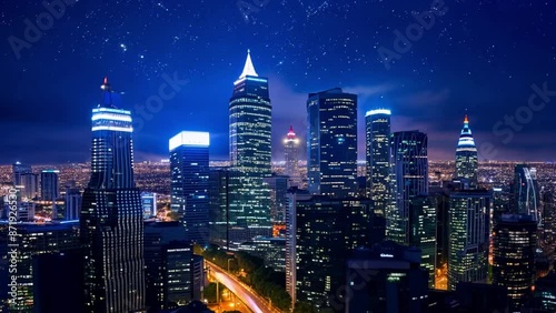 A time-lapse showing the vibrant lights of downtown and the calm glow of the skyline at night. A nighttime urban landscape with skyscrapers and busy streets illuminated by bright lights.
 photo